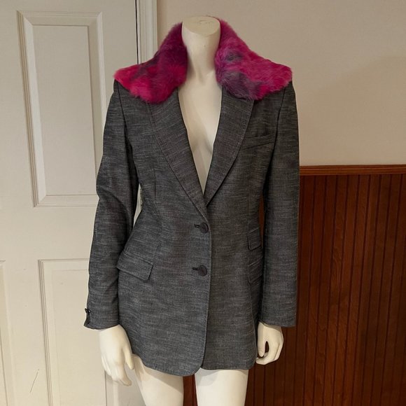 Versus Versace Jackets & Blazers - Versus Versace Grey Blazer w/ Pink & Blue Rabbit Fur Collar - Sz 30|44 (est. Sm)